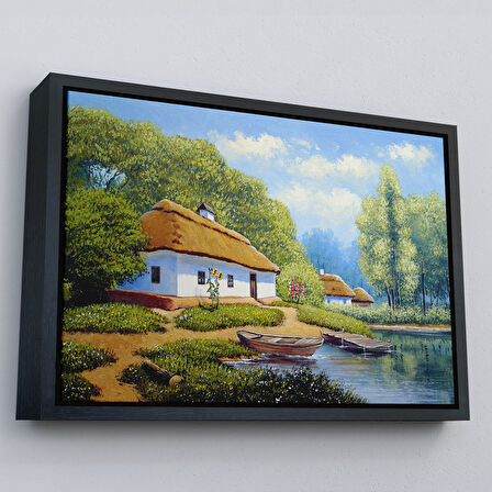 Altın Çerçeveli Ukrayna Köy Evi Manzarası Yağlıboya Görünüm Dekoratif Kanvas Duvar Tablosu
