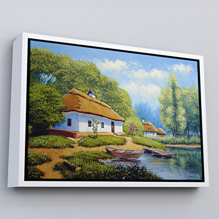 Altın Çerçeveli Ukrayna Köy Evi Manzarası Yağlıboya Görünüm Dekoratif Kanvas Duvar Tablosu