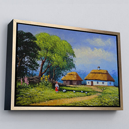 Altın Çerçeveli Ukrayna Köy Evi Manzarası Yağlıboya Görünüm Dekoratif Kanvas Duvar Tablosu
