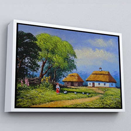 Altın Çerçeveli Ukrayna Köy Evi Manzarası Yağlıboya Görünüm Dekoratif Kanvas Duvar Tablosu