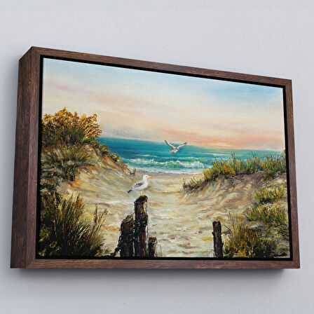 Beyaz Çerçeveli Kumsaldan Okyanusa Bir Yol Yağlıboya Görünüm Dekoratif Kanvas Duvar Tablosu