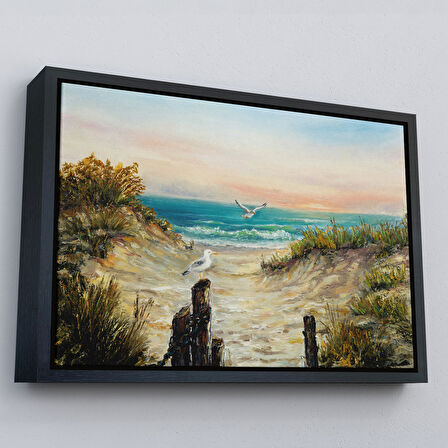 Beyaz Çerçeveli Kumsaldan Okyanusa Bir Yol Yağlıboya Görünüm Dekoratif Kanvas Duvar Tablosu