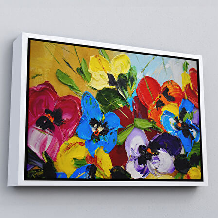 Beyaz Çerçeveli Renkli Çiçekler Yağlıboya Görünüm Dekoratif Kanvas Duvar Tablosu