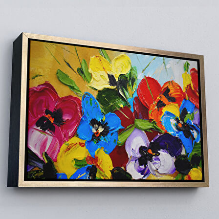 Beyaz Çerçeveli Renkli Çiçekler Yağlıboya Görünüm Dekoratif Kanvas Duvar Tablosu