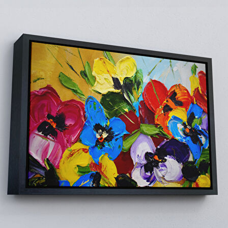 Beyaz Çerçeveli Renkli Çiçekler Yağlıboya Görünüm Dekoratif Kanvas Duvar Tablosu