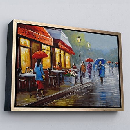 Altın Çerçeveli Yağmurlu Bir Gün Yağlıboya Görünüm Dekoratif Kanvas Duvar Tablosu