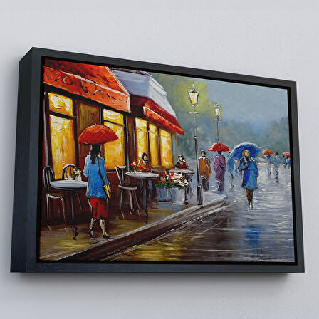 Altın Çerçeveli Yağmurlu Bir Gün Yağlıboya Görünüm Dekoratif Kanvas Duvar Tablosu