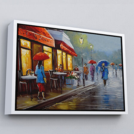 Altın Çerçeveli Yağmurlu Bir Gün Yağlıboya Görünüm Dekoratif Kanvas Duvar Tablosu