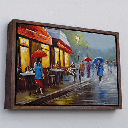 Altın Çerçeveli Yağmurlu Bir Gün Yağlıboya Görünüm Dekoratif Kanvas Duvar Tablosu