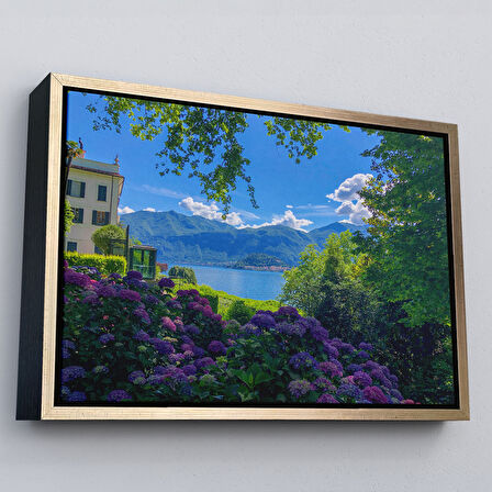 Kahverengi Çerçeveli Mor Çiçekler Arasındaki Göl Manzaralı Ev Duvar Tablosu