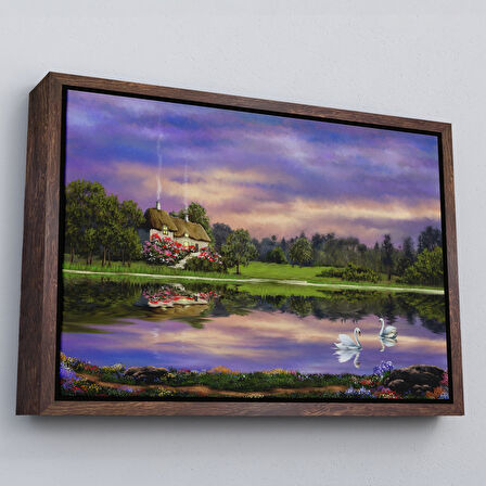 Beyaz Çerçeveli Göl Kıyısındaki Orman Evi Manzarası Yağlıboya Görünüm Dekoratif Kanvas Duvar Tablosu