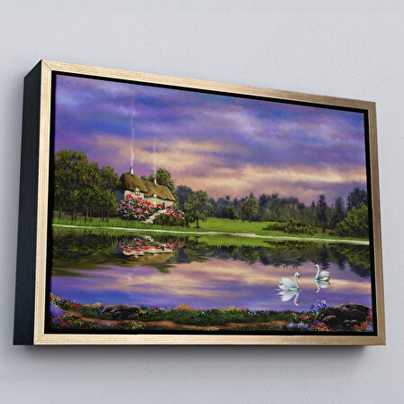 Beyaz Çerçeveli Göl Kıyısındaki Orman Evi Manzarası Yağlıboya Görünüm Dekoratif Kanvas Duvar Tablosu