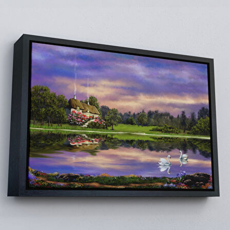 Beyaz Çerçeveli Göl Kıyısındaki Orman Evi Manzarası Yağlıboya Görünüm Dekoratif Kanvas Duvar Tablosu