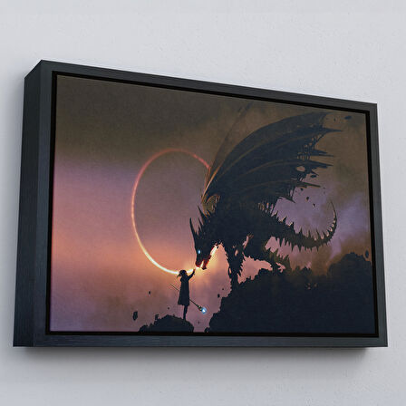 Altın Çerçeveli Ejderhasına El Uzatan Büyücü Sahnesi Dekoratif Tablo