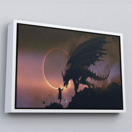 Altın Çerçeveli Ejderhasına El Uzatan Büyücü Sahnesi Dekoratif Tablo