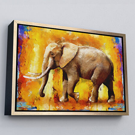 Altın Çerçeveli Modern Sanat Tarzı Yürüyen Fil Yağlıboya Görünüm Kanvas Duvar Tablosu