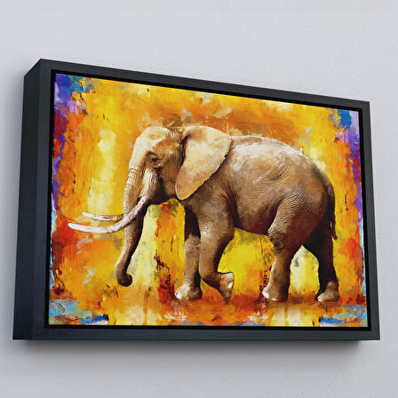 Altın Çerçeveli Modern Sanat Tarzı Yürüyen Fil Yağlıboya Görünüm Kanvas Duvar Tablosu