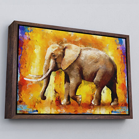 Altın Çerçeveli Modern Sanat Tarzı Yürüyen Fil Yağlıboya Görünüm Kanvas Duvar Tablosu