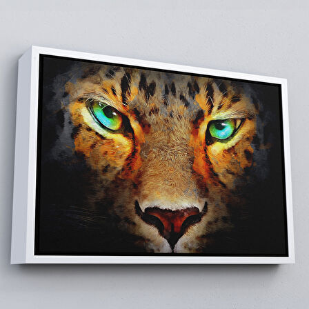Beyaz Çerçeveli Gerçekçi Çita Gözleri Yağlıboya Görünüm Kanvas Duvar Tablosu