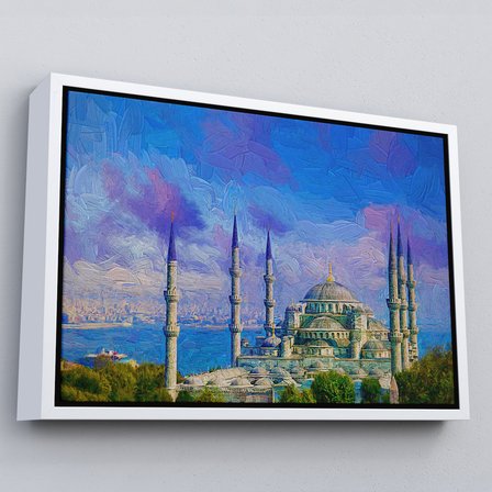 Beyaz Çerçeveli Sultan Ahmet Camii Yağlıboya Görünüm Kanvas Duvar Tablosu