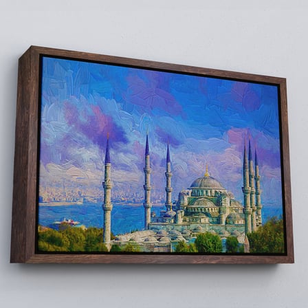 Beyaz Çerçeveli Sultan Ahmet Camii Yağlıboya Görünüm Kanvas Duvar Tablosu