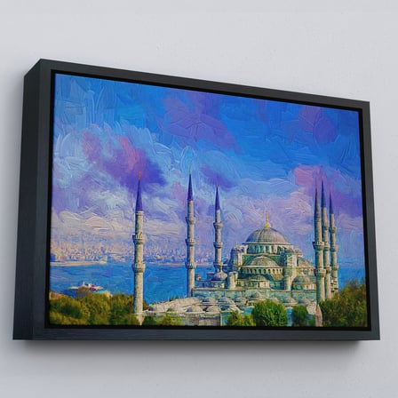 Beyaz Çerçeveli Sultan Ahmet Camii Yağlıboya Görünüm Kanvas Duvar Tablosu
