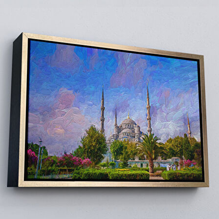 Altın Çerçeveli Sultan Ahmet Camii Yağlıboya Görünüm Kanvas Duvar Tablosu