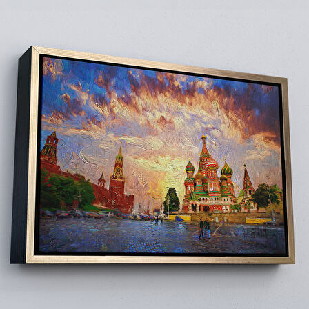 Altın Çerçeveli Kızıl Meydan'da Moskova Kremlin ve Aziz Vasil Katedrali Kanvas Tablosu