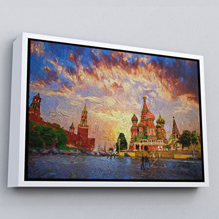 Beyaz Çerçeveli Kızıl Meydan'da Moskova Kremlin ve Aziz Vasil Katedrali Kanvas Tablosu