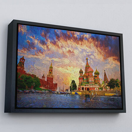 Beyaz Çerçeveli Kızıl Meydan'da Moskova Kremlin ve Aziz Vasil Katedrali Kanvas Tablosu