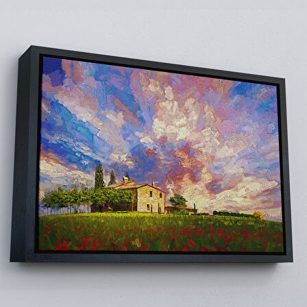 Altın Çerçeveli Toskana İtalyadaki Kırmızı Gelincik Tarlası Yağlıboya Görünüm Kanvas Tablosu