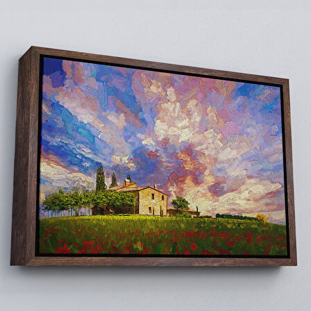 Beyaz Çerçeveli Toskana İtalyadaki Kırmızı Gelincik Tarlası Yağlıboya Görünüm Kanvas Tablosu