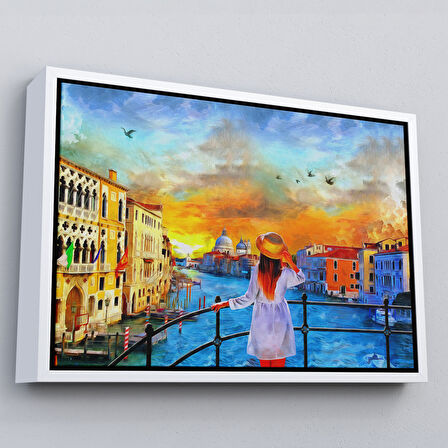 Siyah Çerçeveli Venedik Kanalını İzleyen Kız Yağlıboya Görünüm Dekoratif Kanvas Duvar Tablosu