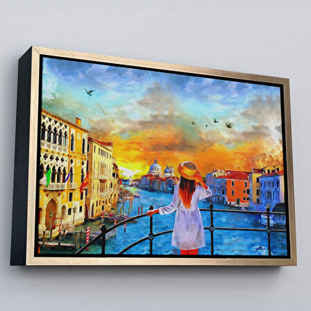 Siyah Çerçeveli Venedik Kanalını İzleyen Kız Yağlıboya Görünüm Dekoratif Kanvas Duvar Tablosu