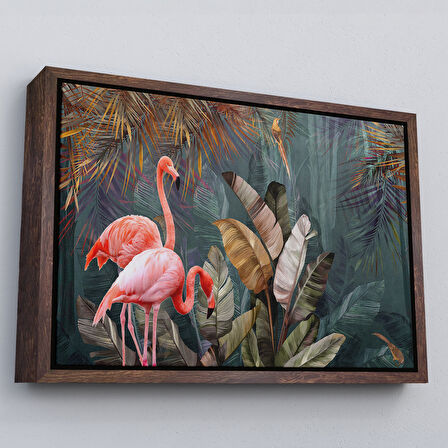 Kahverengi Çerçeveli Pembe Filamingolar Yağlıboya Görünüm Dekoratif Tablo