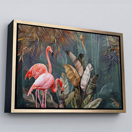 Kahverengi Çerçeveli Pembe Filamingolar Yağlıboya Görünüm Dekoratif Tablo