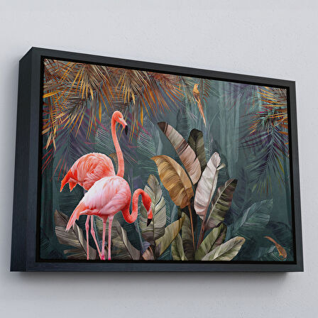 Kahverengi Çerçeveli Pembe Filamingolar Yağlıboya Görünüm Dekoratif Tablo