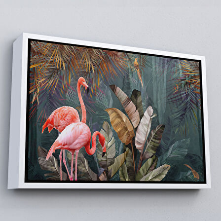 Kahverengi Çerçeveli Pembe Filamingolar Yağlıboya Görünüm Dekoratif Tablo
