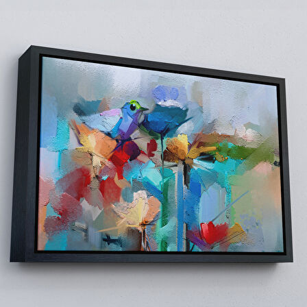 Altın Çerçeveli Modern Soyut Tarzda Çiçekler ve Kuş Dekoratif Kanvas Duvar Tablosu