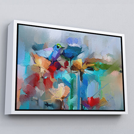 Altın Çerçeveli Modern Soyut Tarzda Çiçekler ve Kuş Dekoratif Kanvas Duvar Tablosu