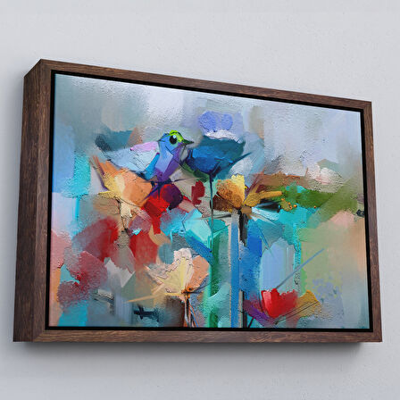 Altın Çerçeveli Modern Soyut Tarzda Çiçekler ve Kuş Dekoratif Kanvas Duvar Tablosu
