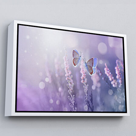 Siyah Çerçeveli Lavanta Çiçeğindeki Zarif Kelebekler Dekoratif Kanvas Duvar Tablosu