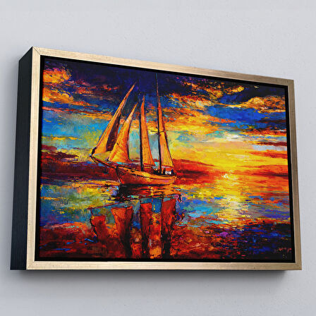 Beyaz Çerçeveli Deniz ve Yelkenli Manzarası Yağlıboya Görünüm Dekoratif Kanvas Duvar Tablosu