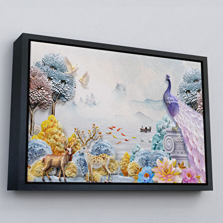 Siyah Çerçeveli Ormandaki Hayvanlar Dekoratif Kanvas Duvar Tablosu