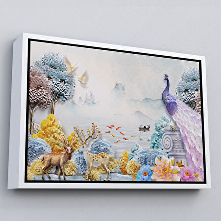 Siyah Çerçeveli Ormandaki Hayvanlar Dekoratif Kanvas Duvar Tablosu