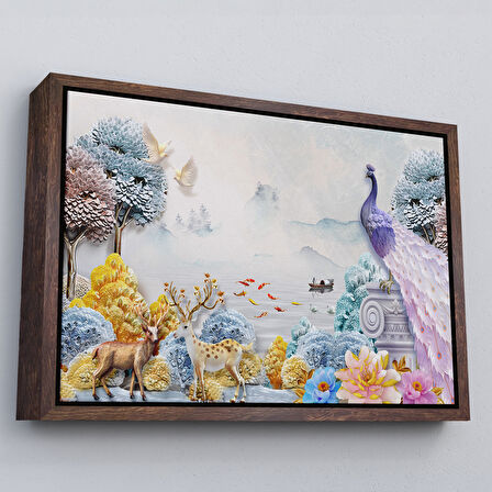 Siyah Çerçeveli Ormandaki Hayvanlar Dekoratif Kanvas Duvar Tablosu