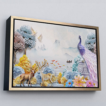 Siyah Çerçeveli Ormandaki Hayvanlar Dekoratif Kanvas Duvar Tablosu