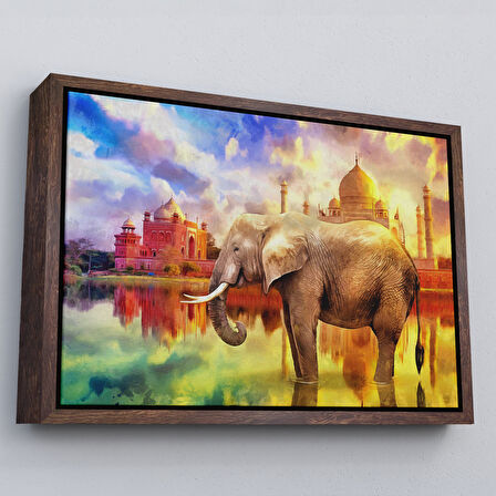 Beyaz Çerçeveli Fil ve Taç Mahal Manzaralı Yağlıboya Görünüm Dekoratif Kanvas Duvar Tablosu