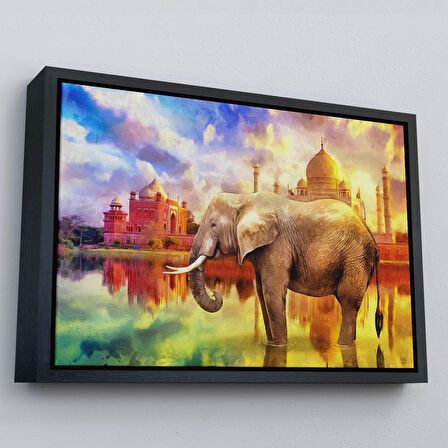 Kahverengi Çerçeveli Fil ve Taç Mahal Manzaralı Yağlıboya Görünüm Dekoratif Kanvas Duvar Tablosu