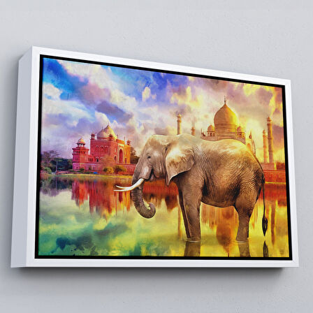 Kahverengi Çerçeveli Fil ve Taç Mahal Manzaralı Yağlıboya Görünüm Dekoratif Kanvas Duvar Tablosu